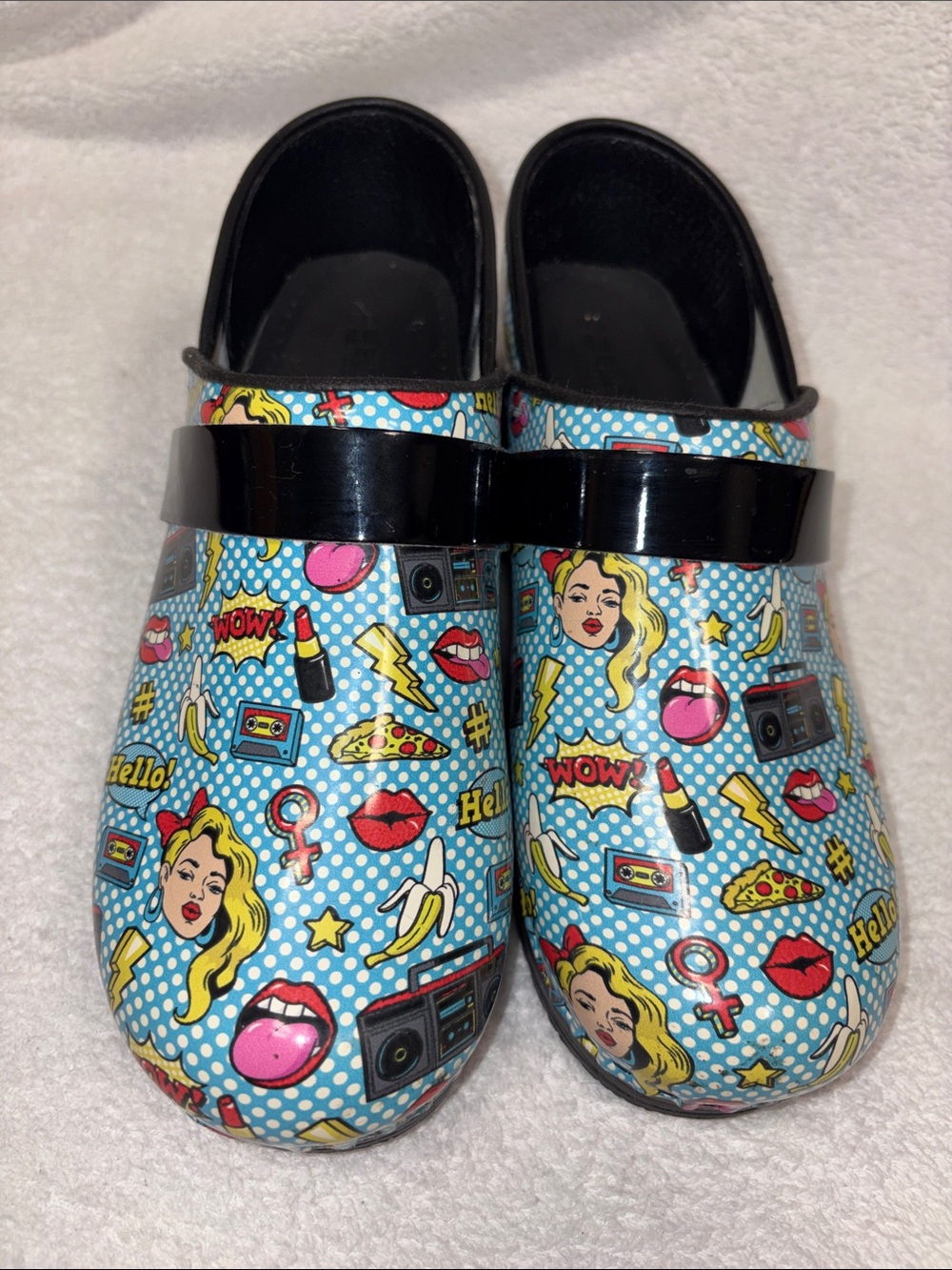 Bjork Women’s Pop Art Slip-On Clogs in Light Blue Euc size eur 41/42 USA 10.5/11